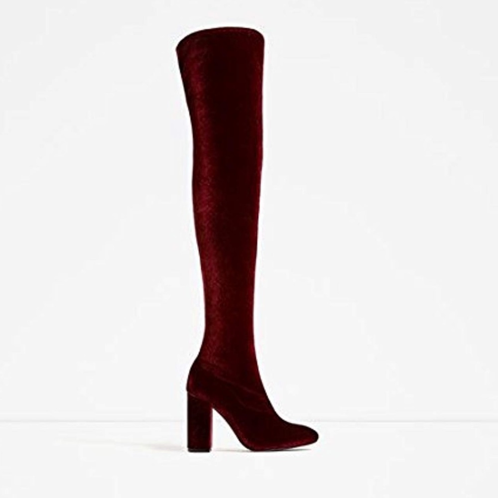 Burgundy Wine Velvet Block Heel Over The Knee Boot - Picture 2 of 5